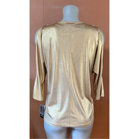 NWT INC International Concepts Going Global Metallic Gold Cold Shoulder Top S - Picture 2 of 8
